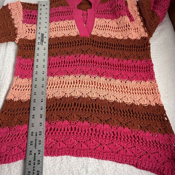 Zara Womens Crochet Knit Striped Sweater S-M Short Sleeve Pink Pullover New - Picture 7 of 7